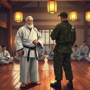 Sensei and US Marine teaching in karate dojo