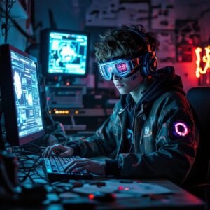 Student and PC, illustrating pervasiveness of new technology