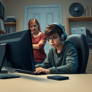 Student playing video games ignoring parent