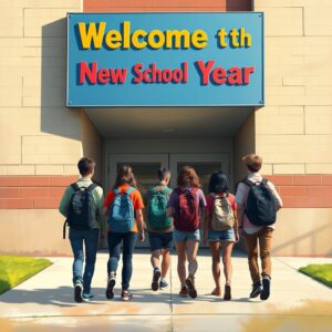 Students starting a new school year walking into school