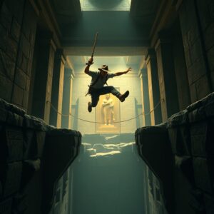 Archaeologist leaping across a chasm